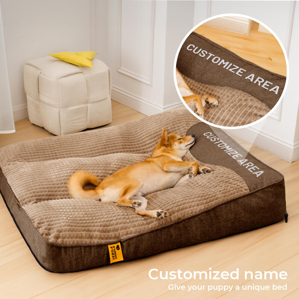 Personalisierbares, großes und dickes Hundebett mit kratzfester Rückenpolsterung