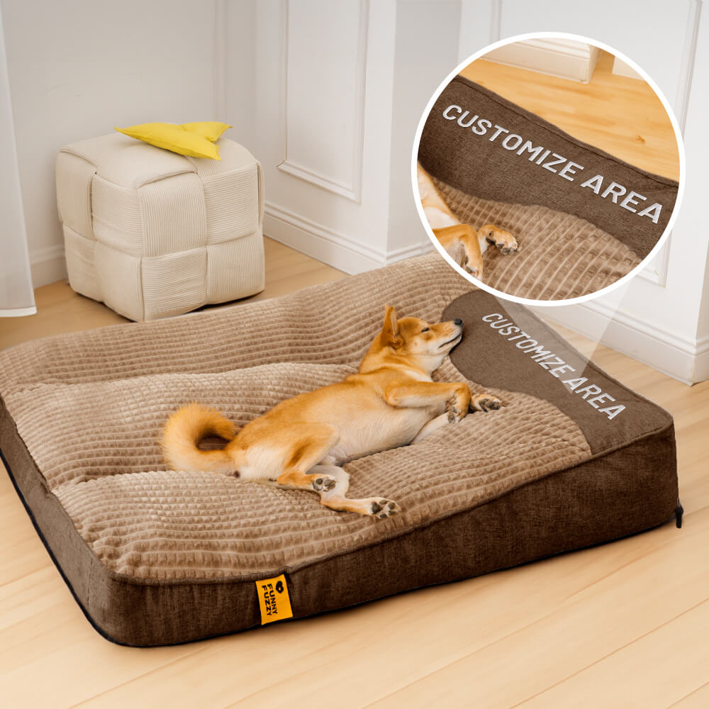 Personalisierbares, großes und dickes Hundebett mit kratzfester Rückenpolsterung