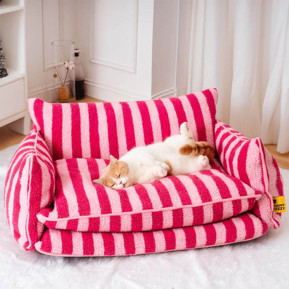 Trendy Gestreiftes Doppellagiges Katzensofa aus Lammwolleimitat
