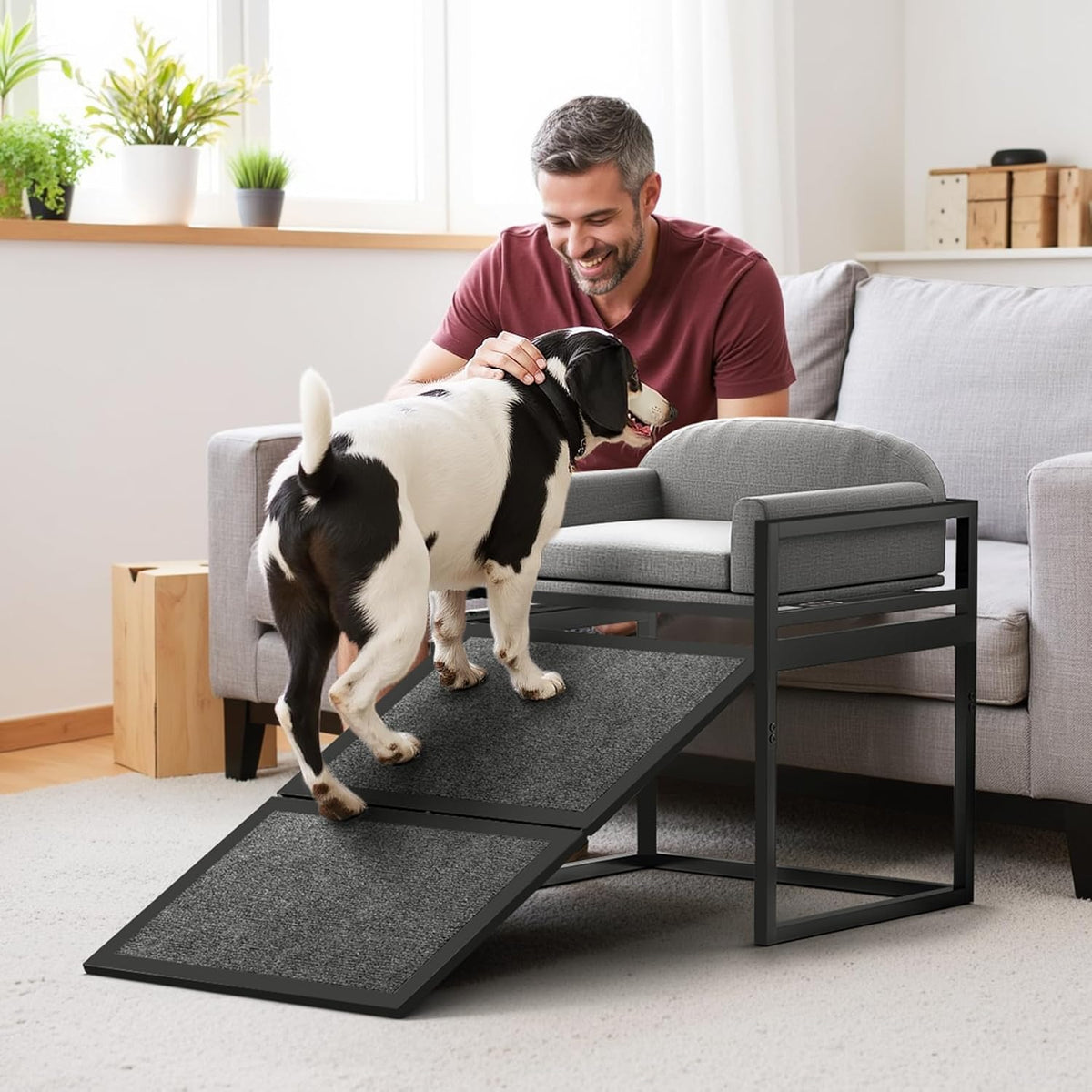 Erhöhtes Haustier-Sofa-Bett mit Treppe und Rampe für das Schlafsofa oder als Fensterplatz für Hunde.