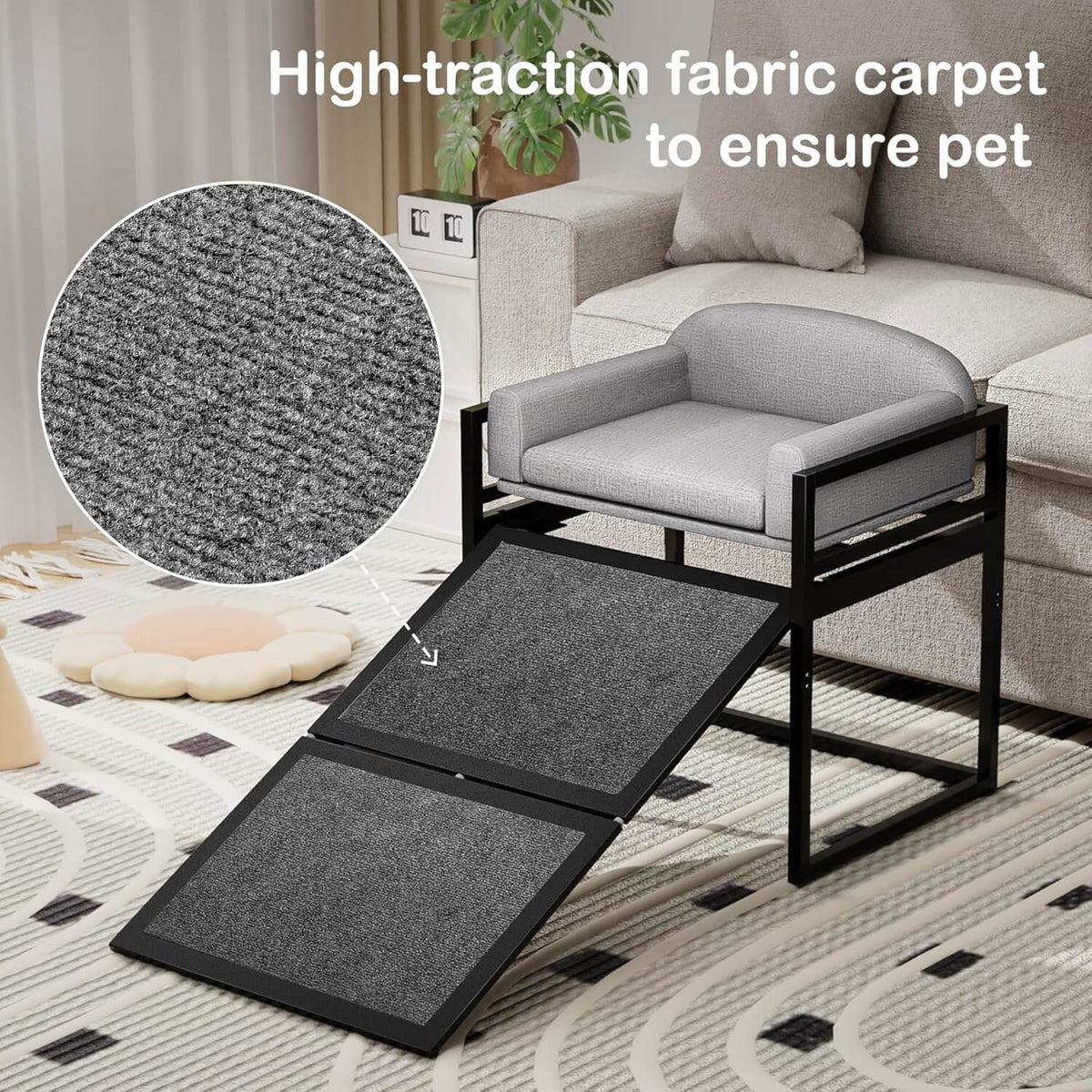 Erhöhtes Haustier-Sofa-Bett mit Treppe und Rampe für das Schlafsofa oder als Fensterplatz für Hunde.