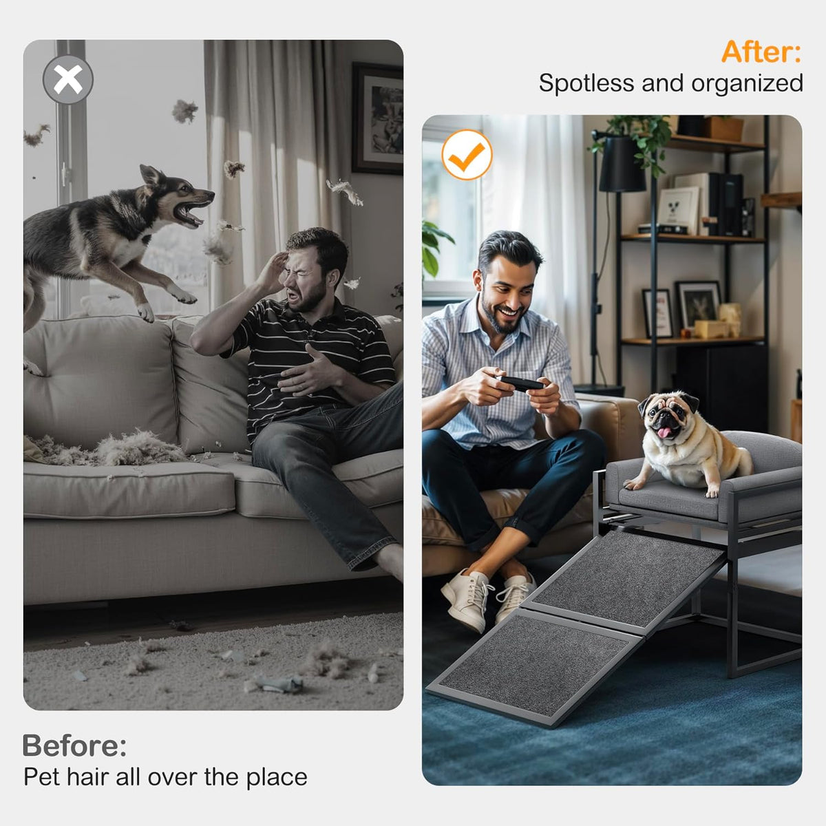 Erhöhtes Haustier-Sofa-Bett mit Treppe und Rampe für das Schlafsofa oder als Fensterplatz für Hunde.
